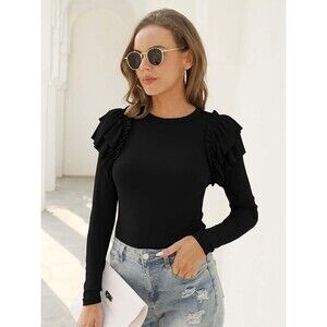 Crewneck Layer Ruffle Shoulder Ribbed Long Sleeve Top Sz XL